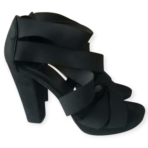 Stuart Weitzman Black Suede Elastic Criss Cross Strap Block Heel Sandals 5.5 - Picture 1 of 17